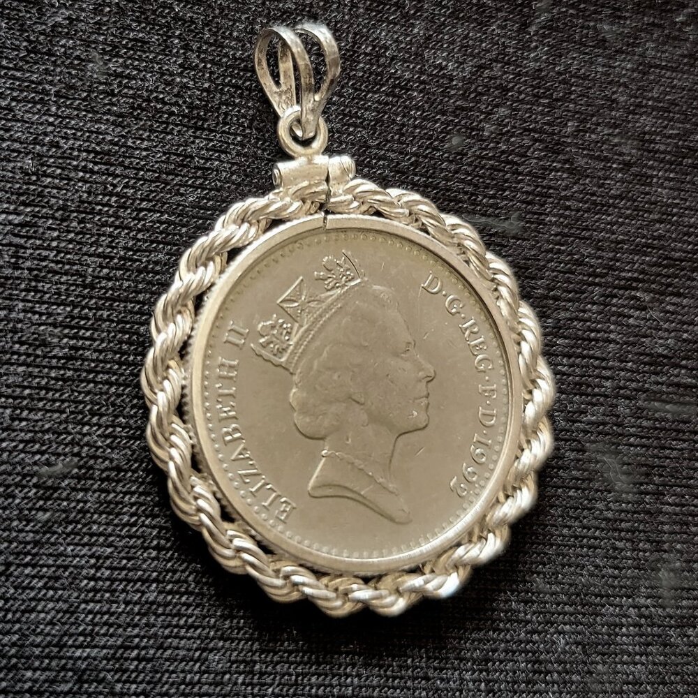 1992 Ten Pence Coin Pendant with Braided Silver Frame
